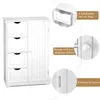 A white bathroom cabinet with drawers and a door, with inset images highlighting features. Náhled obrázku produktu