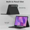 A black tablet case with a keyboard and a stylus, shown in two different configurations. Produktbild-Vorschau