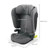 A gray child car seat with dimensions indicated by white lines and text. Produktbild-Vorschau