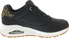 A side view of a black Skechers sneaker with leopard print detailing on the heel. Voir les images du produit