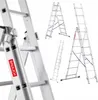 A collage of images showing a multi-functional aluminum ladder in different configurations.