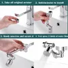 A four-panel instructional image showing how to install a faucet extender. Produktbild-Vorschau