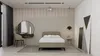A bedroom scene featuring a bed, vanity, and artwork. Produktbild-Vorschau