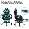 Diagram showing dimensions of a black and cyan gaming chair with a built-in footrest. The diagram includes multiple measurements and German text. Produktbild-Vorschau