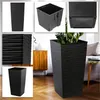 A collage of images showing a black, square, textured planter with an insert, displayed in various views and in a lifestyle setting. Náhľad obrázku produktu