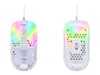 Two views of a white gaming mouse with RGB lighting against a white background. Podgląd zdjęcia produktu