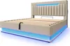 A beige upholstered bed frame with a headboard featuring vertical padding and integrated LED lighting. The bed frame itself has a lower section with blue LED lighting. The image shows the slatted mattress base. Náhled obrázku produktu