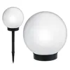 Two white globe garden lights on a white background. One is on a black stake, the other is a close-up of the base. Voir les images du produit