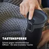 A person's hand is shown pressing a button on a black Contigo travel mug, with a textured gray blanket in the background. Anteprima dell’immagine prodotto