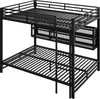 A black metal bunk bed with two storage baskets attached to the side of the top bunk. Náhled obrázku produktu