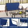 A patio furniture set with a blue sofa, chairs, and a glass-topped coffee table, shown on a wooden deck with a railing in the background. The bottom of the image contains three close-up shots highlighting specific features of the furniture. Anteprima dell’immagine prodotto