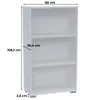 A white, three-shelf bookcase with dimensions indicated. Produktbild-Vorschau