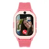 A pink smartwatch displaying a video call between two children. Produktbild-Vorschau