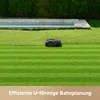 A robotic lawnmower is shown on a striped lawn next to a swimming pool. Produktbild-Vorschau