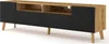 A long, low TV stand with a wood-grain top and black, textured front panels, supported by four angled wooden legs. Podgląd zdjęcia produktu