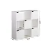A white modular bookshelf with nine cubbies, some of which have doors. Dimensions are indicated with text overlays. Náhľad obrázku produktu