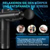 A black massage gun is shown with three circular images below depicting people experiencing stress, exercising, and sleeping, along with German and English text describing the product's benefits. Produktbild-Vorschau