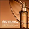 A bottle of Wella Ultimate Smooth Miracle Oil Serum is shown with liquid splashing around it, against a warm brown and gold background. Text highlights the product's benefits. Produktbild-Vorschau