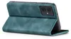 A teal flip case for a smartphone is shown from a side angle, with the front cover open and propped up. Produktbild-Vorschau