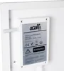 Close-up of the back of a white panel heater, showing a label with product information and safety warnings. Produktbild-Vorschau