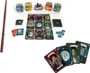 A collection of Harry Potter themed board game components, including cards, tokens, and a wand, arranged on a white background. Produktbild-Vorschau