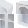 A collage of four close-up images showing different angles and details of a white sideboard with open shelves. Anteprima dell’immagine prodotto
