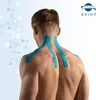 A man's back with blue kinesiology tape applied to his neck and shoulders, with a light blue, abstract background and a logo in the top right corner. Produktbild-Vorschau