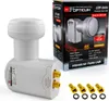 A product shot of a twin LNB and its packaging, along with four gold F-connectors and O-rings. Náhľad obrázku produktu