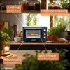 A mini oven is displayed on a kitchen counter, with informative text overlays about its features. Podgląd zdjęcia produktu