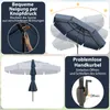 Collage of images showing a navy blue patio umbrella with features like adjustable tilt, a crank mechanism, and the umbrella in a folded state. Produktbild-Vorschau