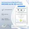 A marketing image showing certifications and features of a water filter product. Podgląd zdjęcia produktu
