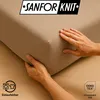 Hands are shown adjusting a tan colored fitted sheet on a mattress. The logo 'SANFOR KNIT' is visible at the top. There are also icons and text related to product features. Produktbild-Vorschau