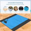 A blue and black picnic blanket laid out on a sandy beach, with a small blue bag on top. Above the blanket, there are circular images illustrating various uses of the blanket, such as on a beach, for yoga, a picnic, in a car, and as a shade. Produktbild-Vorschau