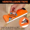 A hand is shown adjusting an orange edge planer tool. Produktbild-Vorschau