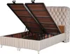 A beige upholstered bed frame with its storage compartment open, showing the internal mechanism and wooden base. Produktbild-Vorschau