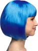 A side profile of a woman wearing a blue bob wig. Produktbild-Vorschau