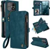 A collage of images showing a teal leather wallet phone case for a Xiaomi 15T, with various angles and details. Produktbild-Vorschau