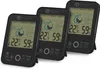 Three black digital weather stations are displayed side-by-side on a white background. Produktbild-Vorschau