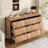 A wooden sideboard with a black metal frame, featuring six drawers with a geometric pattern. It is placed in a room with a white wall and a window in the background. Anteprima dell’immagine prodotto