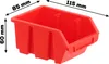 A red plastic storage bin with dimensions indicated by arrows and text. Produktbild-Vorschau