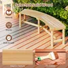 A wooden garden bench on a wooden deck, with decorative elements and text overlays. Produktbild-Vorschau