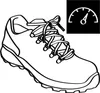 A black and white line drawing of a hiking boot with a small inset graphic of a speedometer. Produktbild-Vorschau
