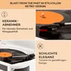 A collage of images showcasing a retro record player with text highlighting its features. Produktbild-Vorschau