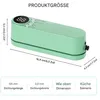 A collage of product images and text displaying the dimensions and specifications of a portable vacuum sealer. Produktbild-Vorschau