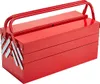 A red metal toolbox with multiple compartments and a handle is shown against a white background. Podgląd zdjęcia produktu