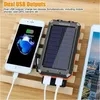 A solar power bank is shown charging two mobile phones, with text overlay describing its features. Produktbild-Vorschau