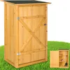 A wooden garden shed with its door open, showing shelves and tools inside, set against a green grassy background. Produktbild-Vorschau