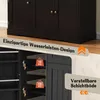 A split image showing the exterior of a dark brown cabinet and a close-up of its interior with shelves and feature callouts. Anteprima dell’immagine prodotto