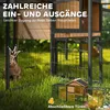 A rabbit in a grassy area next to a multi-level rabbit hutch with a small house and attached runs. Produktbild-Vorschau
