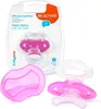 A product shot of a baby teether and its packaging, along with a separate teether and a protective cover. Produktbild-Vorschau